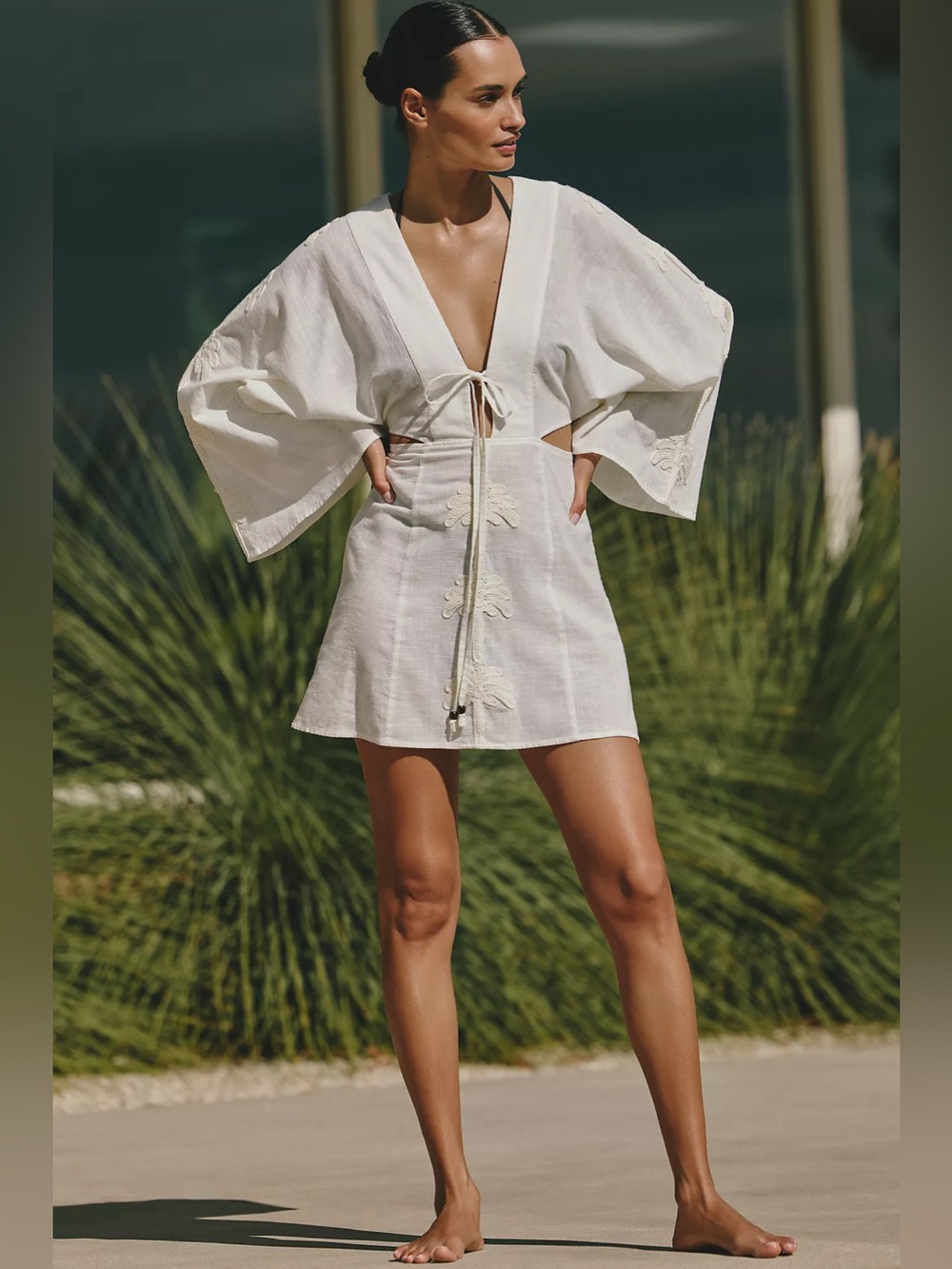 Celandine Anthropologie Palm Cutout Mini Kaftan Dress White NWOT